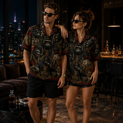 HW-M349-Luxury Boss Gorilla Print Satin Hawaiian Shirt Dark Graphic Top