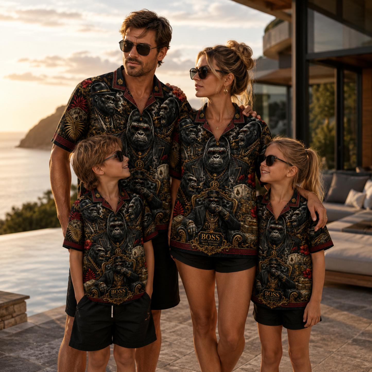 HW-M349-Luxury Boss Gorilla Print Satin Hawaiian Shirt Dark Graphic Top