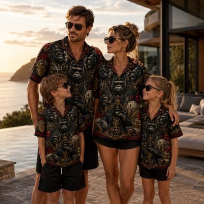 HW-M349-Luxury Boss Gorilla Print Satin Hawaiian Shirt Dark Graphic Top