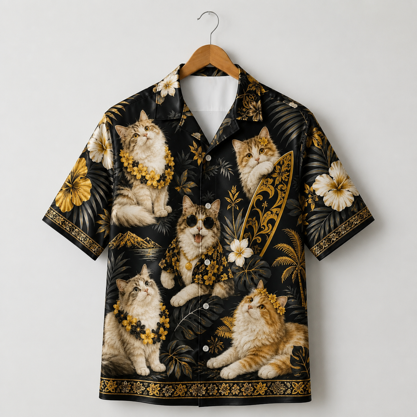 HW-M350-Tropical Surfing Cat Print Satin Hawaiian Shirt Black Gold Beach Top