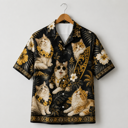 HW-M350-Tropical Surfing Cat Print Satin Hawaiian Shirt Black Gold Beach Top