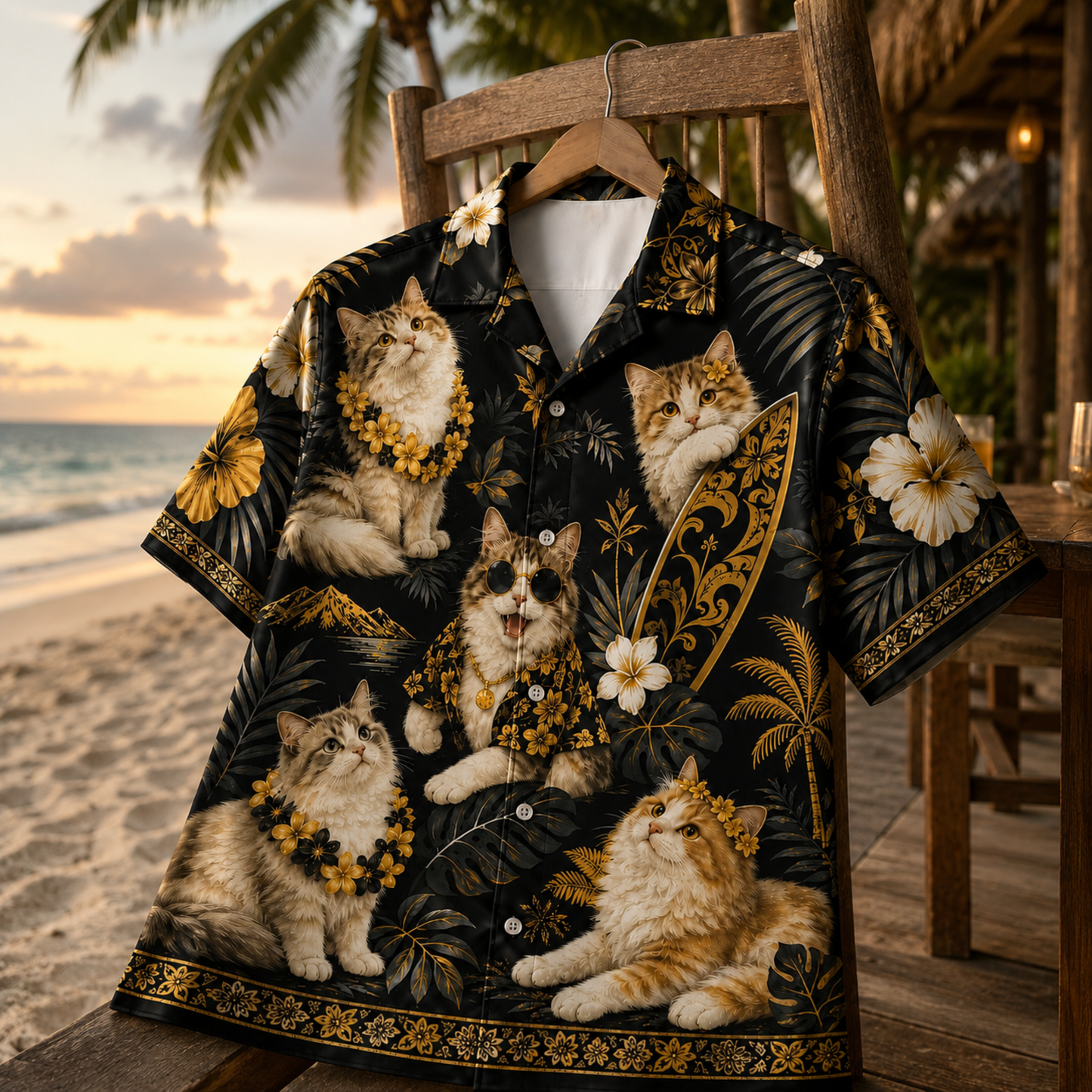 HW-M350-Tropical Surfing Cat Print Satin Hawaiian Shirt Black Gold Beach Top