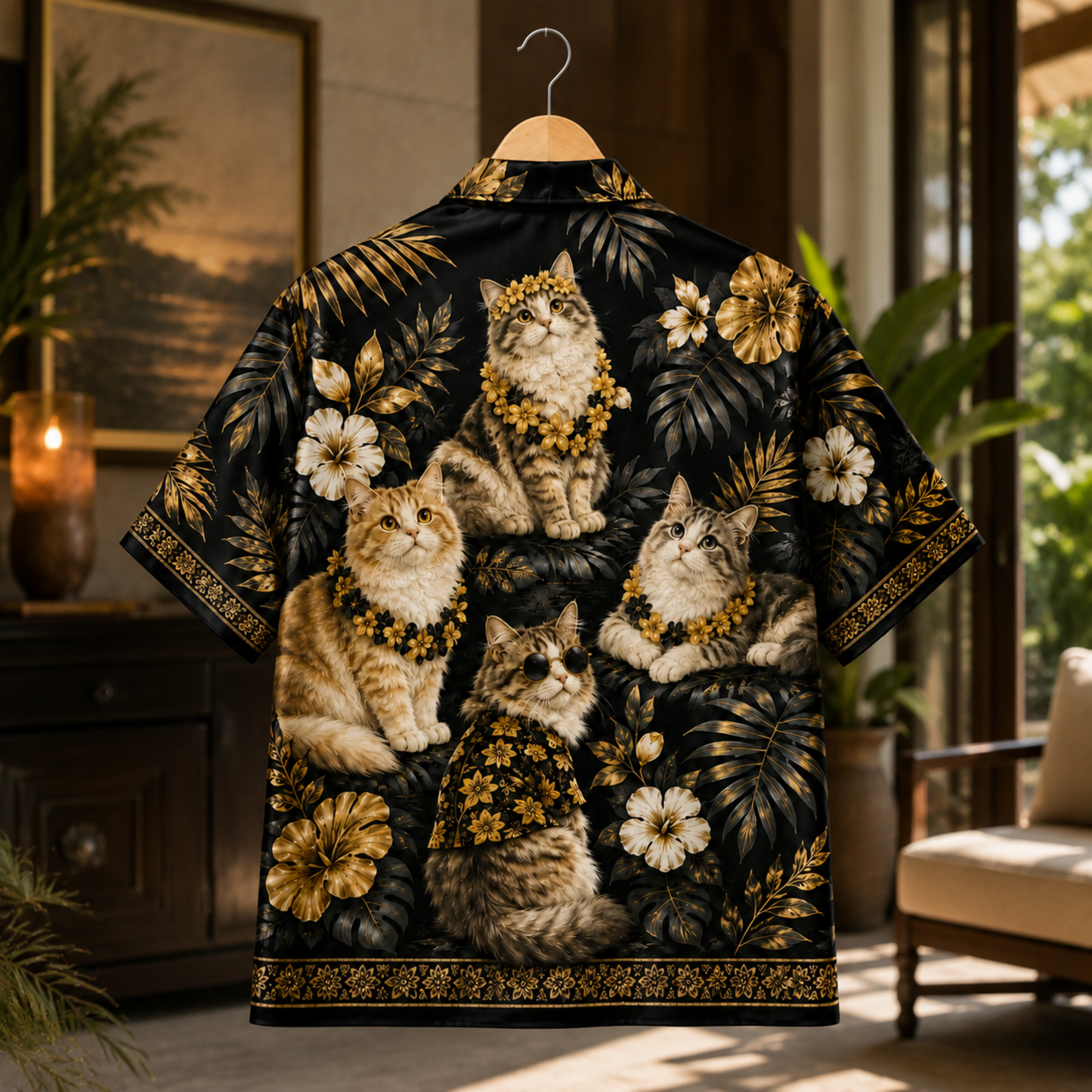 HW-M350-Tropical Surfing Cat Print Satin Hawaiian Shirt Black Gold Beach Top