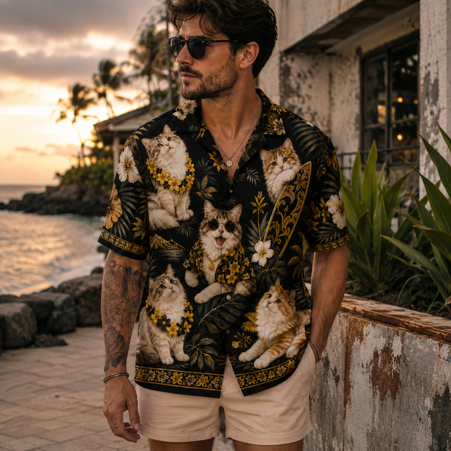 HW-M350-Tropical Surfing Cat Print Satin Hawaiian Shirt Black Gold Beach Top