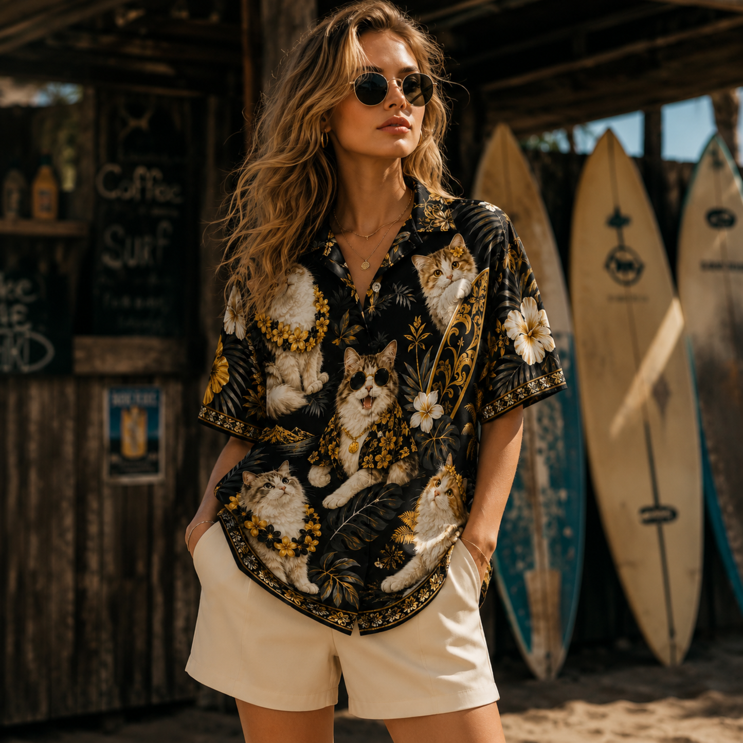 HW-M350-Tropical Surfing Cat Print Satin Hawaiian Shirt Black Gold Beach Top
