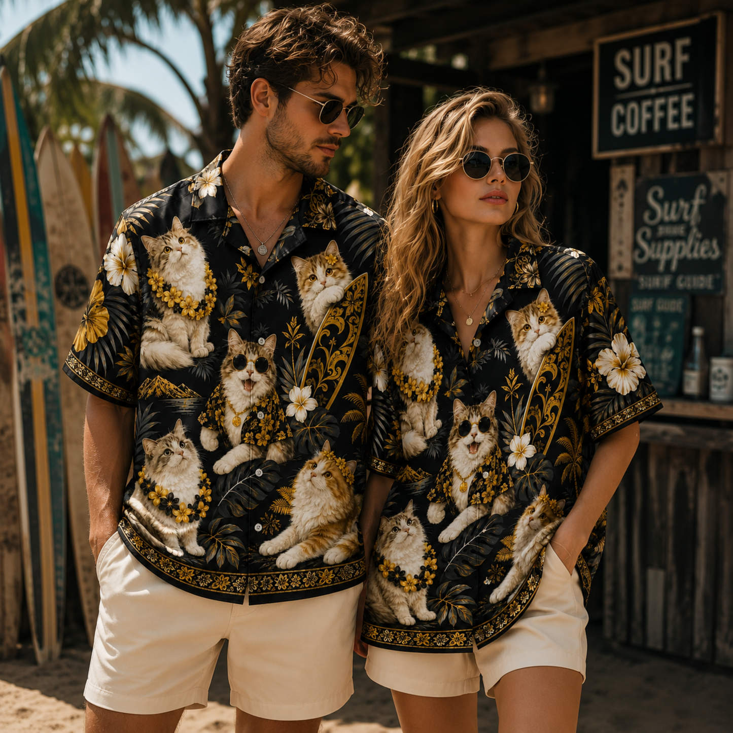HW-M350-Tropical Surfing Cat Print Satin Hawaiian Shirt Black Gold Beach Top
