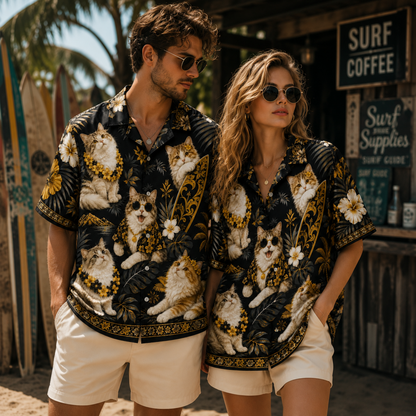 HW-M350-Tropical Surfing Cat Print Satin Hawaiian Shirt Black Gold Beach Top