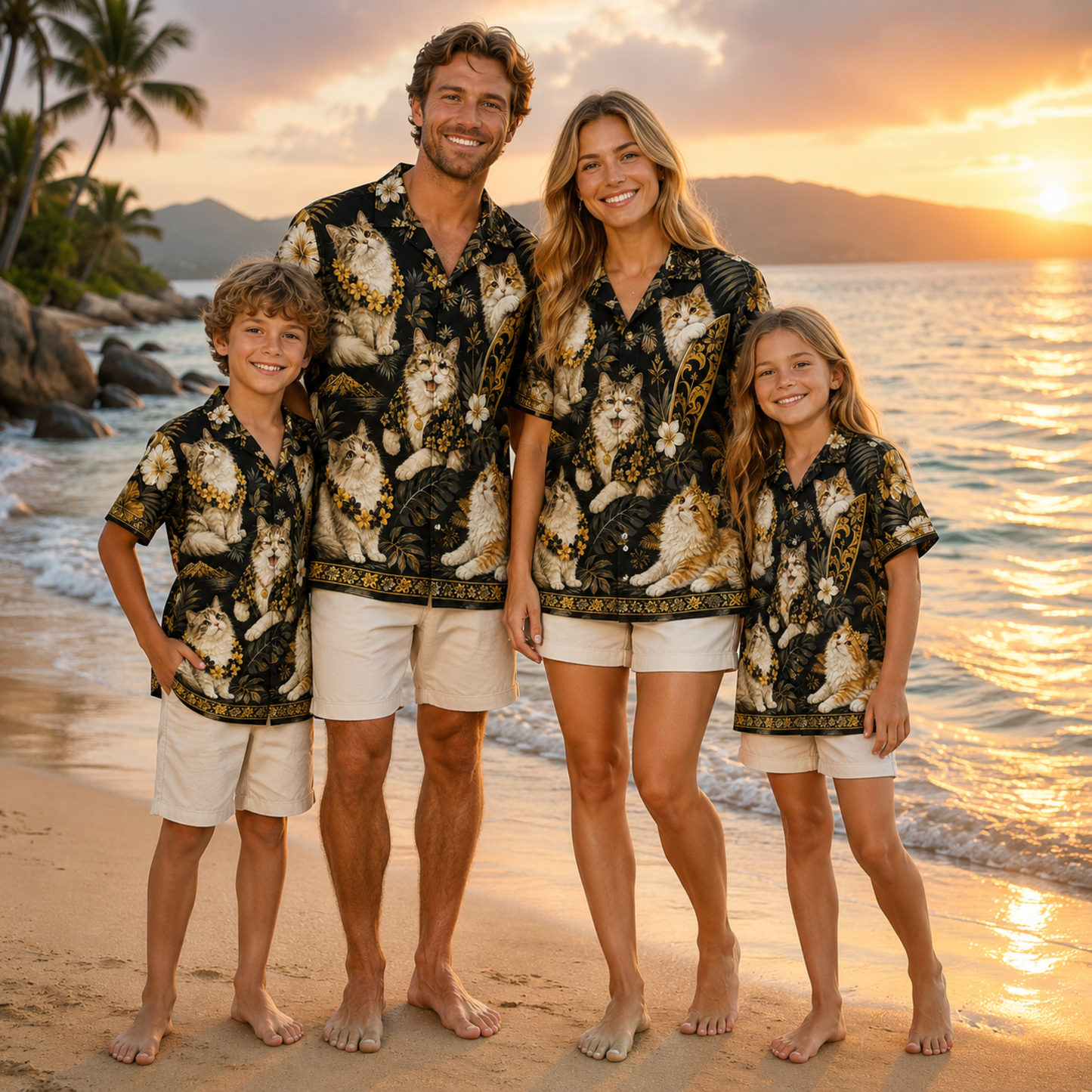 HW-M350-Tropical Surfing Cat Print Satin Hawaiian Shirt Black Gold Beach Top