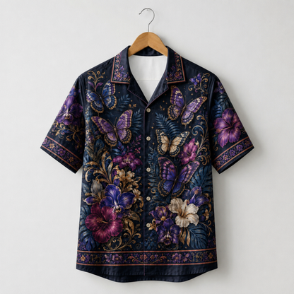 HW-M351-Dark Navy Satin Purple Butterfly And Floral Print Hawaiian Shirt Magical Botanical Top