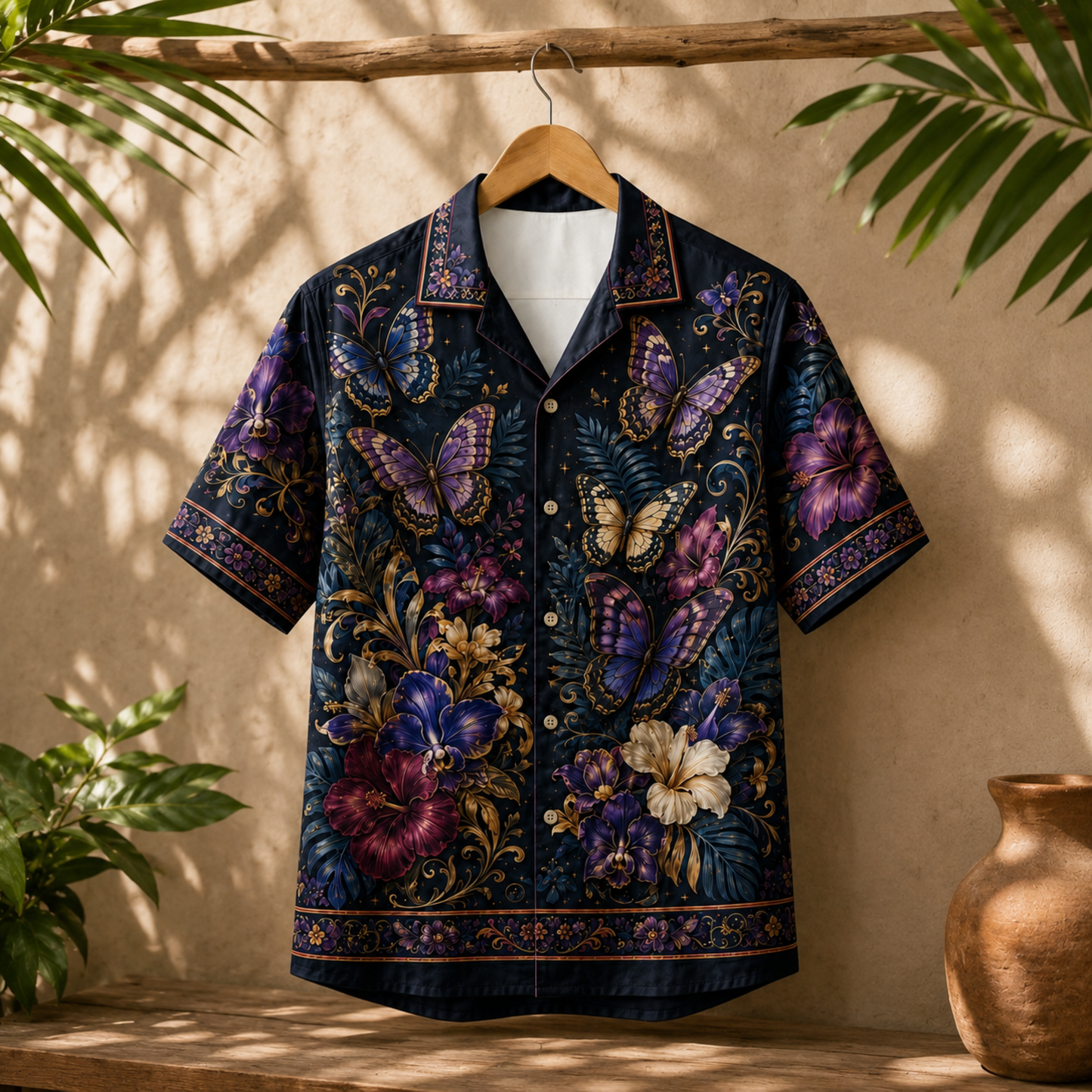 HW-M351-Dark Navy Satin Purple Butterfly And Floral Print Hawaiian Shirt Magical Botanical Top
