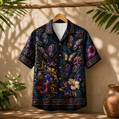 HW-M351-Dark Navy Satin Purple Butterfly And Floral Print Hawaiian Shirt Magical Botanical Top
