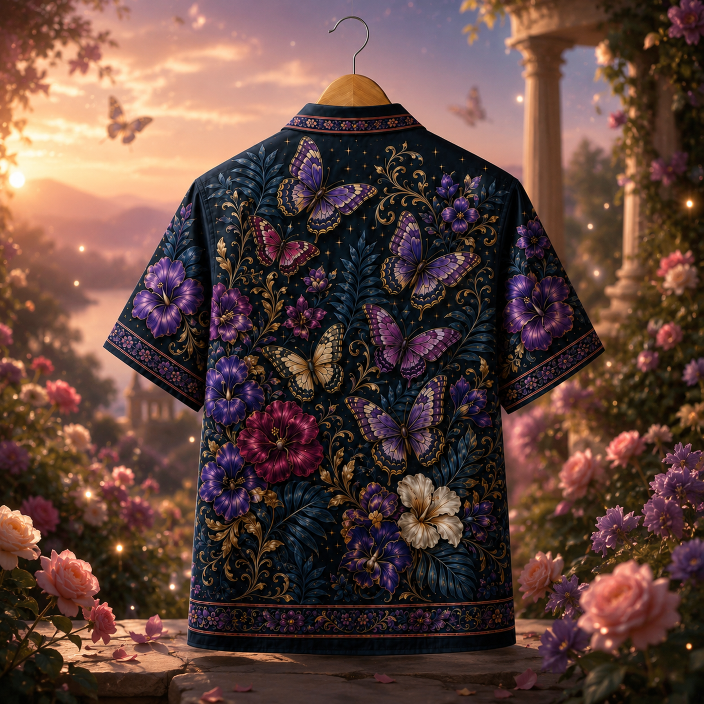 HW-M351-Dark Navy Satin Purple Butterfly And Floral Print Hawaiian Shirt Magical Botanical Top