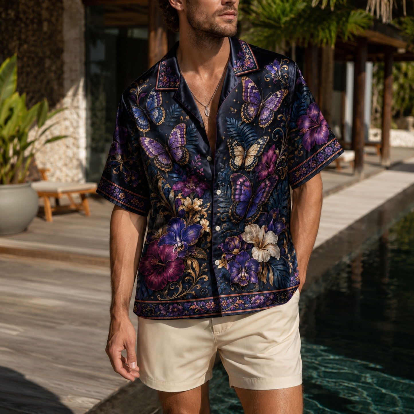 HW-M351-Dark Navy Satin Purple Butterfly And Floral Print Hawaiian Shirt Magical Botanical Top