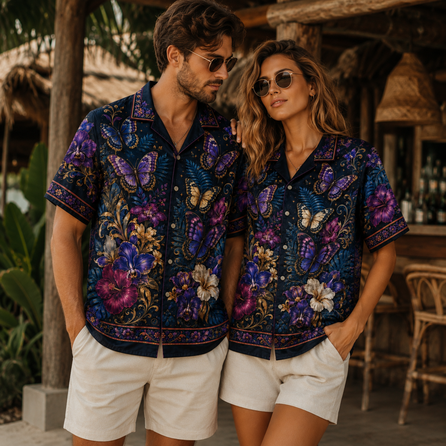 HW-M351-Dark Navy Satin Purple Butterfly And Floral Print Hawaiian Shirt Magical Botanical Top