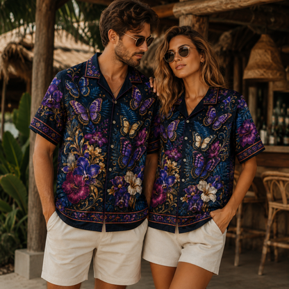 HW-M351-Dark Navy Satin Purple Butterfly And Floral Print Hawaiian Shirt Magical Botanical Top