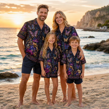 HW-M351-Dark Navy Satin Purple Butterfly And Floral Print Hawaiian Shirt Magical Botanical Top