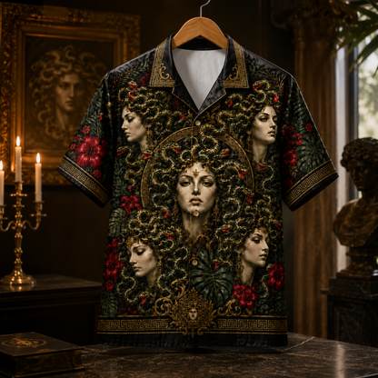 HW-M352-Dark Medusa Portrait Satin Hawaiian Shirt Greek Mythology Gothic Floral Top