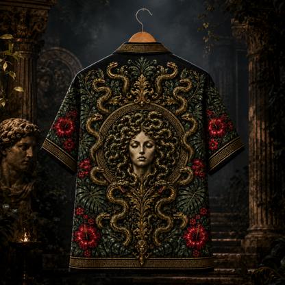 HW-M352-Dark Medusa Portrait Satin Hawaiian Shirt Greek Mythology Gothic Floral Top