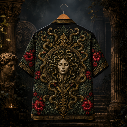 HW-M352-Dark Medusa Portrait Satin Hawaiian Shirt Greek Mythology Gothic Floral Top