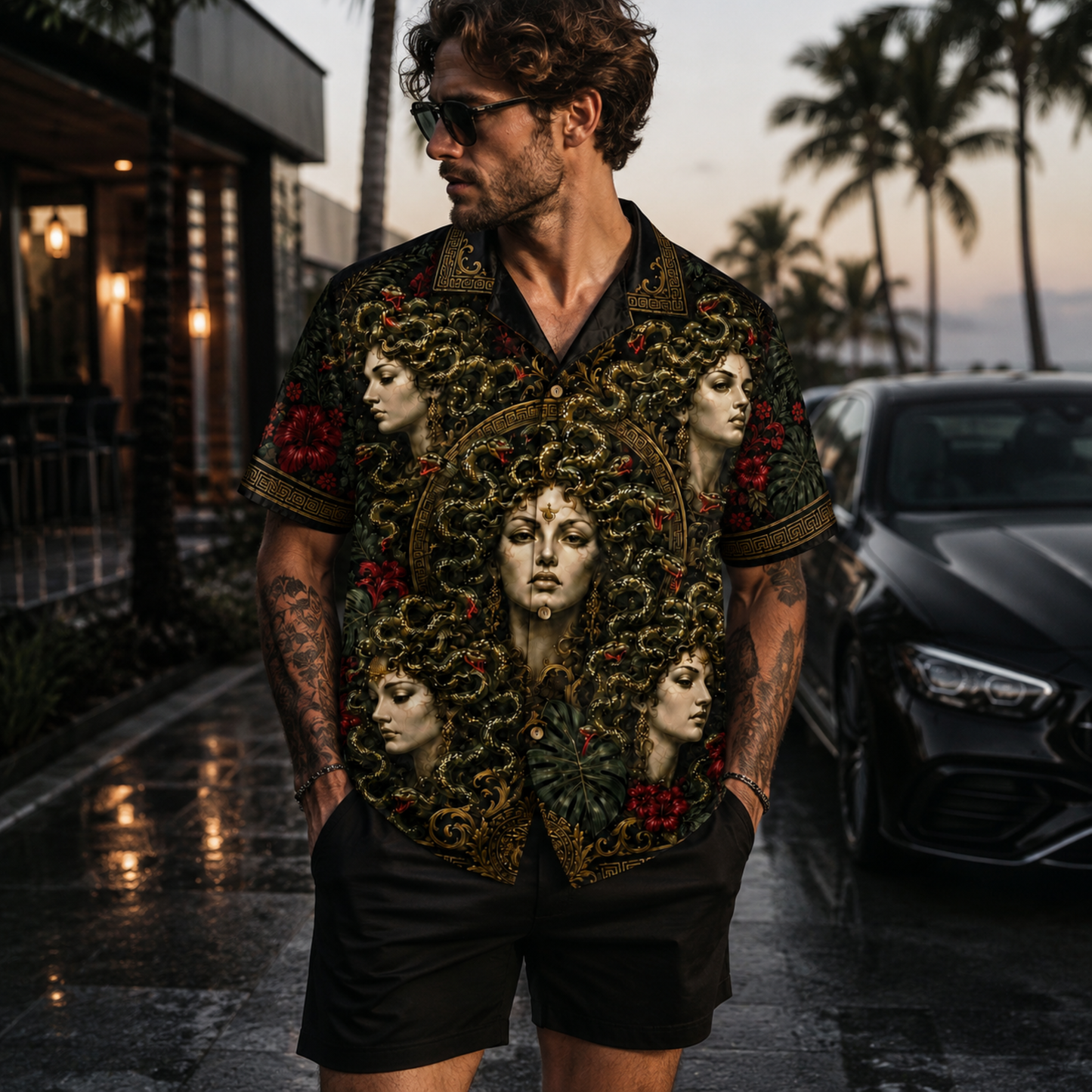 HW-M352-Dark Medusa Portrait Satin Hawaiian Shirt Greek Mythology Gothic Floral Top