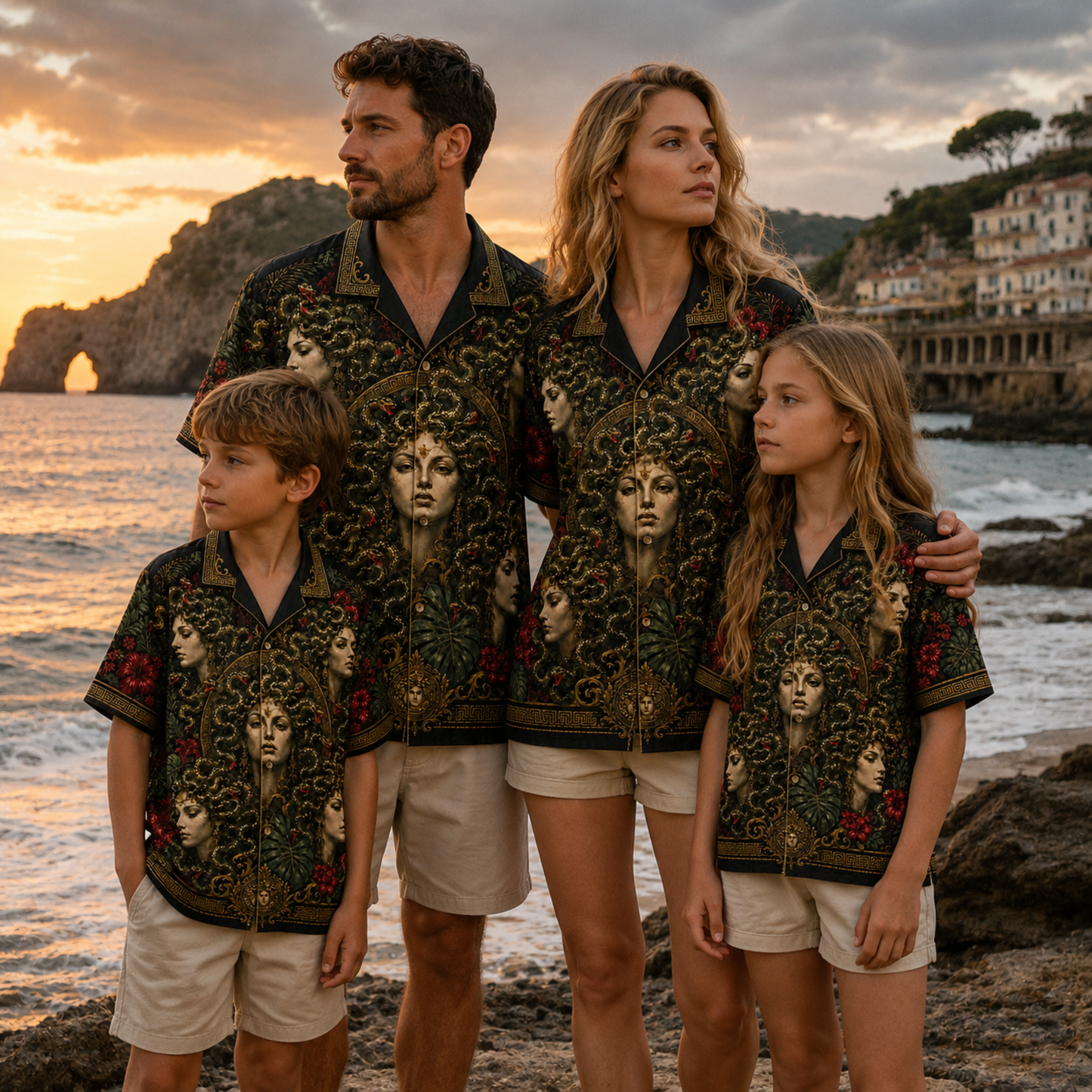 HW-M352-Dark Medusa Portrait Satin Hawaiian Shirt Greek Mythology Gothic Floral Top