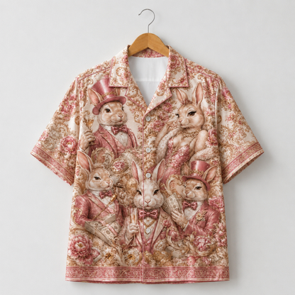 HW-M353-Pink Satin Vintage Rabbit Print Hawaiian Shirt Luxury Baroque Bunny Floral Top