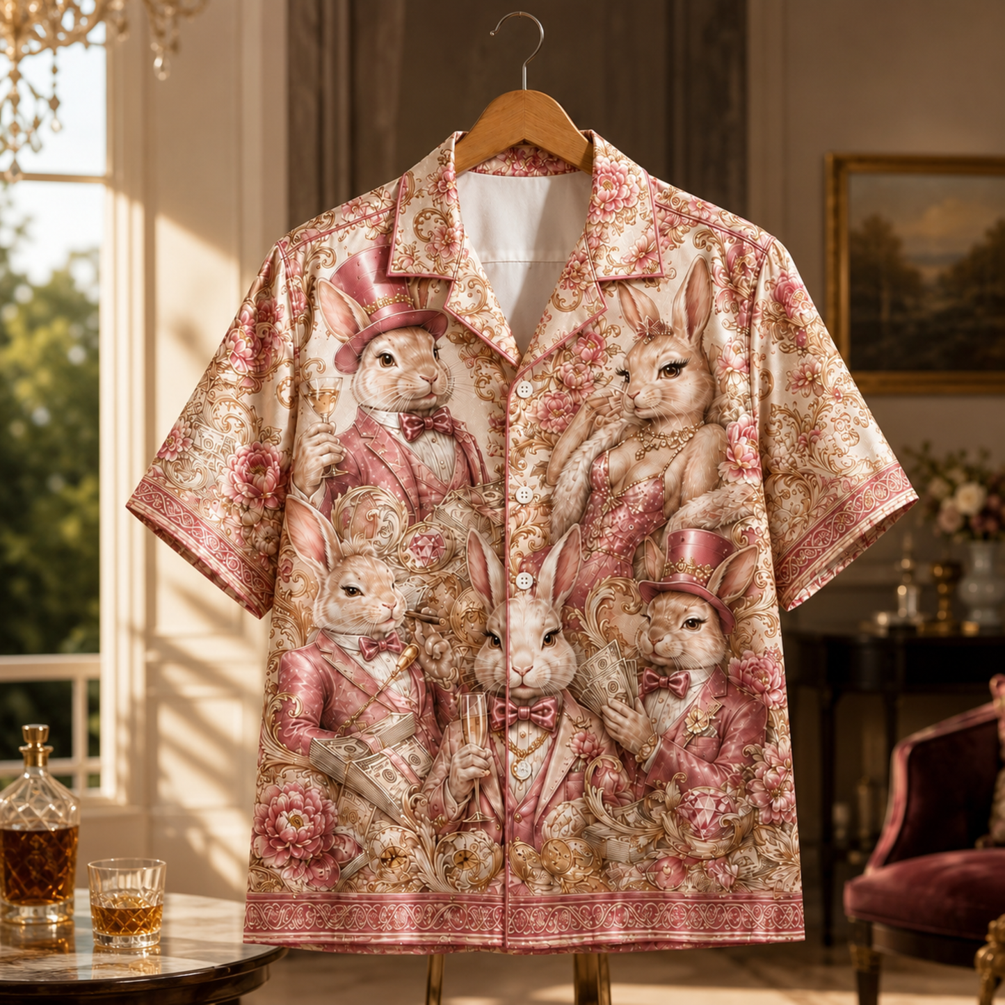 HW-M353-Pink Satin Vintage Rabbit Print Hawaiian Shirt Luxury Baroque Bunny Floral Top