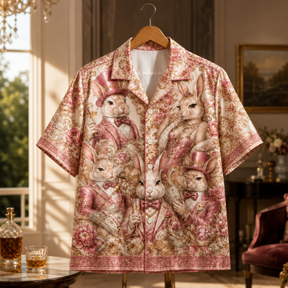 HW-M353-Pink Satin Vintage Rabbit Print Hawaiian Shirt Luxury Baroque Bunny Floral Top