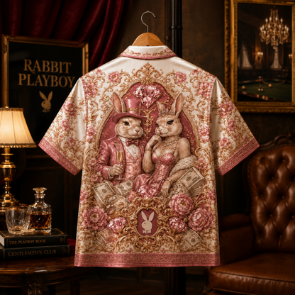HW-M353-Pink Satin Vintage Rabbit Print Hawaiian Shirt Luxury Baroque Bunny Floral Top