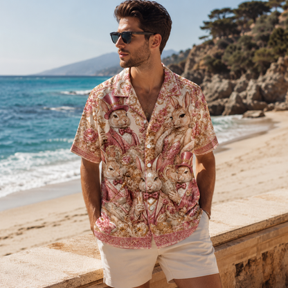 HW-M353-Pink Satin Vintage Rabbit Print Hawaiian Shirt Luxury Baroque Bunny Floral Top