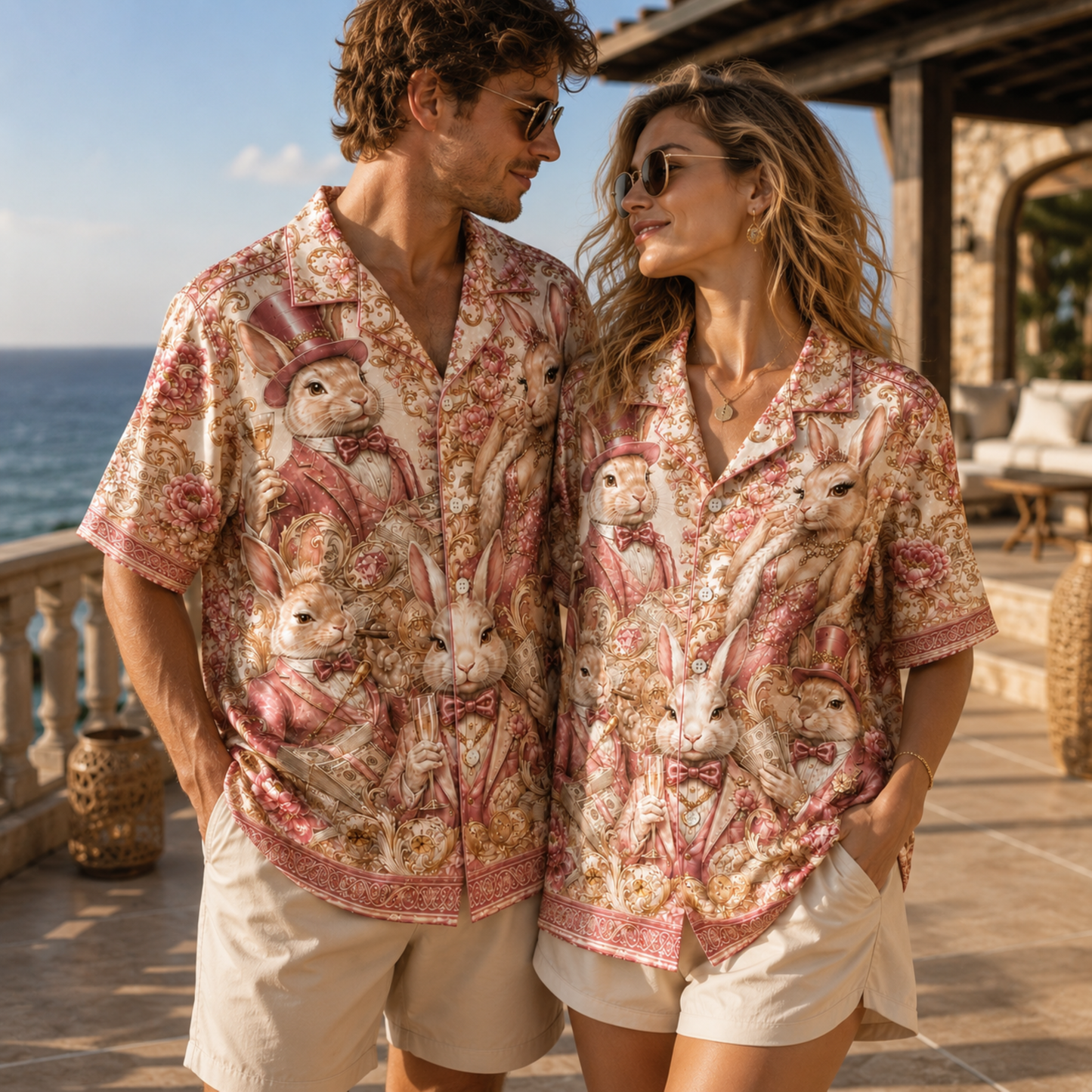 HW-M353-Pink Satin Vintage Rabbit Print Hawaiian Shirt Luxury Baroque Bunny Floral Top