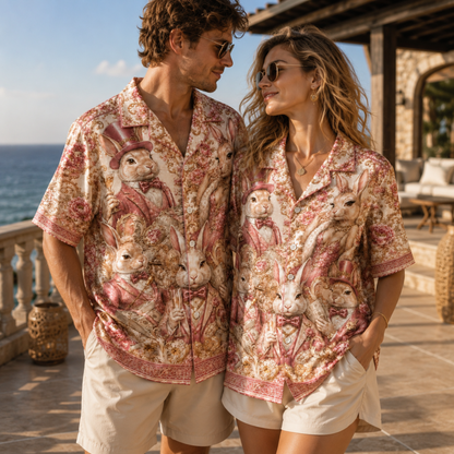 HW-M353-Pink Satin Vintage Rabbit Print Hawaiian Shirt Luxury Baroque Bunny Floral Top