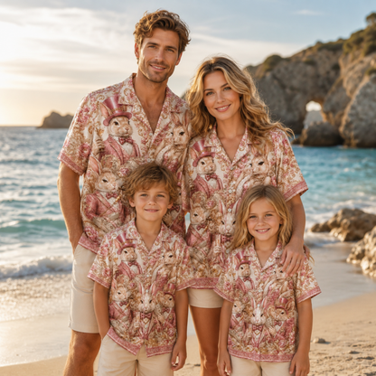 HW-M353-Pink Satin Vintage Rabbit Print Hawaiian Shirt Luxury Baroque Bunny Floral Top