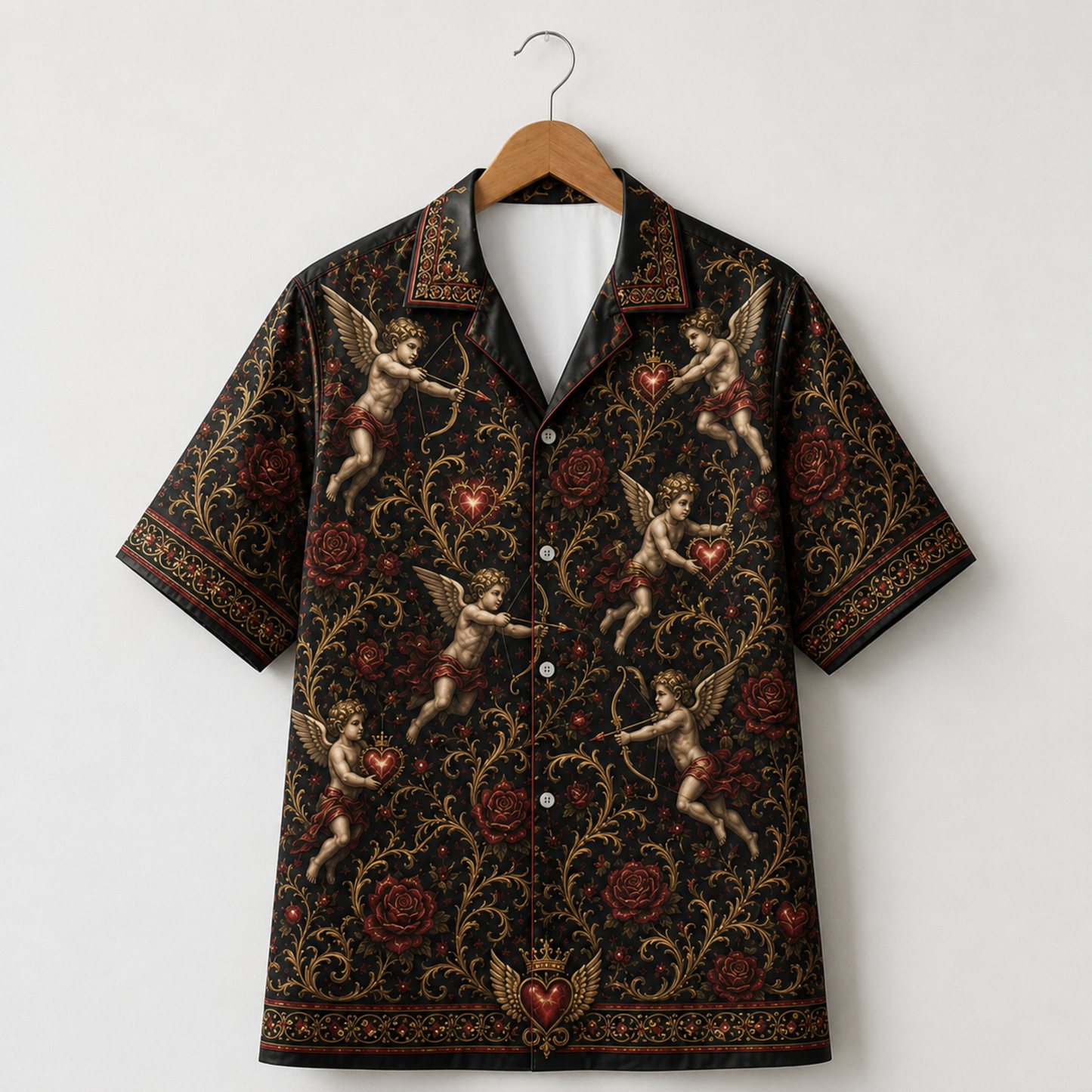HW-M354-Renaissance Cupid Black Satin Hawaiian Shirt Gold Filigree And Red Rose Print Top