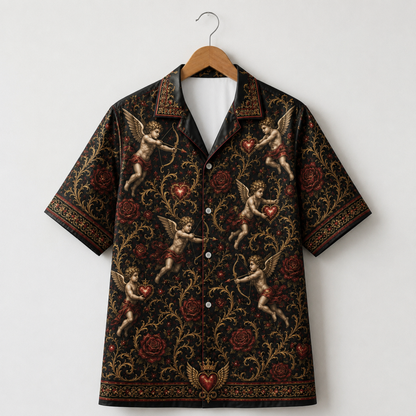 HW-M354-Renaissance Cupid Black Satin Hawaiian Shirt Gold Filigree And Red Rose Print Top