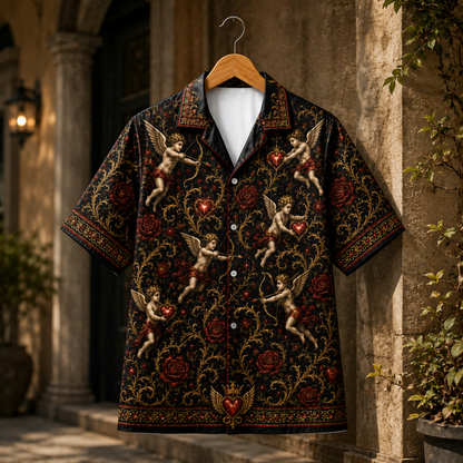 HW-M354-Renaissance Cupid Black Satin Hawaiian Shirt Gold Filigree And Red Rose Print Top