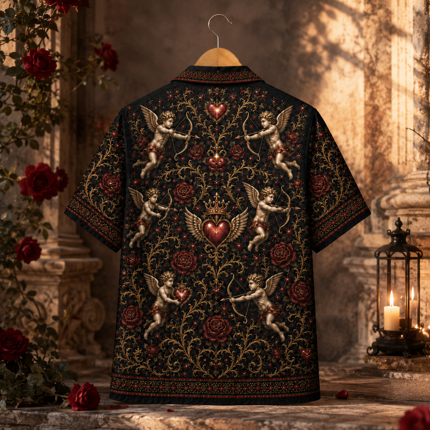 HW-M354-Renaissance Cupid Black Satin Hawaiian Shirt Gold Filigree And Red Rose Print Top