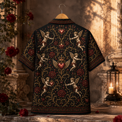 HW-M354-Renaissance Cupid Black Satin Hawaiian Shirt Gold Filigree And Red Rose Print Top