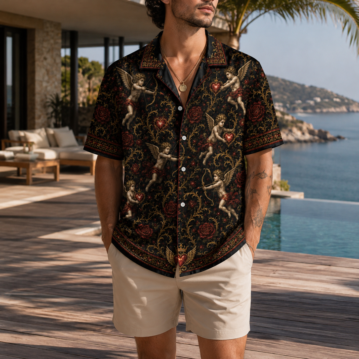 HW-M354-Renaissance Cupid Black Satin Hawaiian Shirt Gold Filigree And Red Rose Print Top