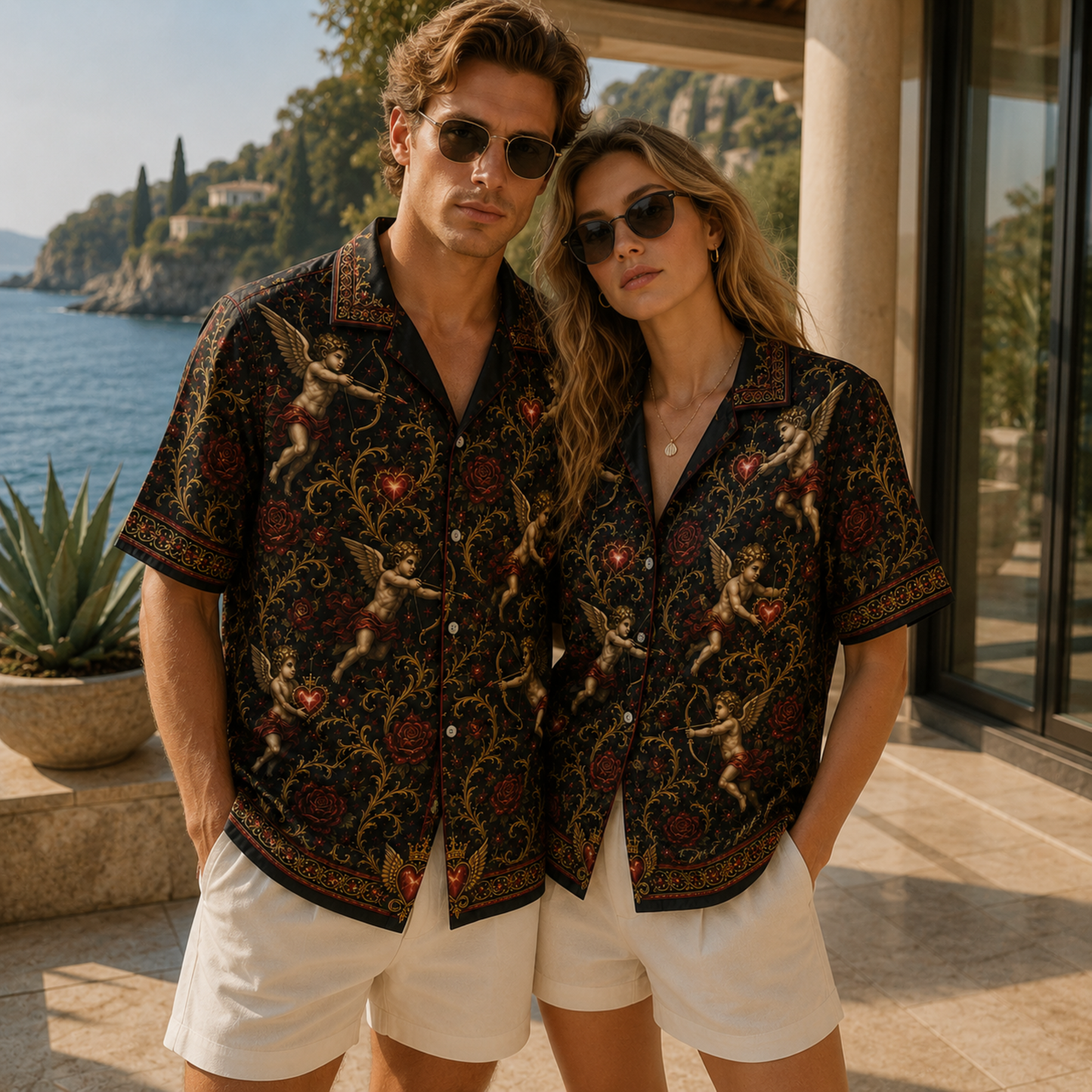 HW-M354-Renaissance Cupid Black Satin Hawaiian Shirt Gold Filigree And Red Rose Print Top