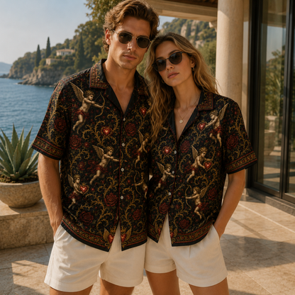 HW-M354-Renaissance Cupid Black Satin Hawaiian Shirt Gold Filigree And Red Rose Print Top