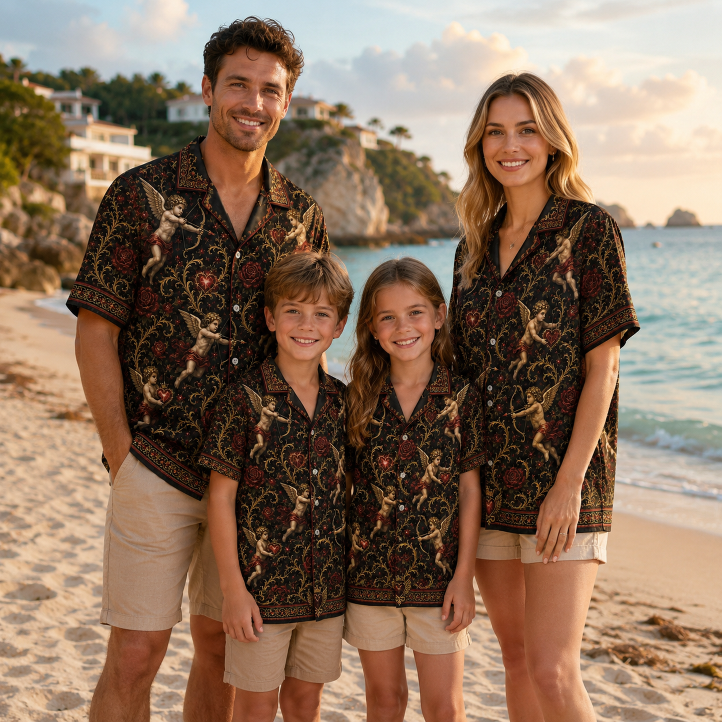 HW-M354-Renaissance Cupid Black Satin Hawaiian Shirt Gold Filigree And Red Rose Print Top