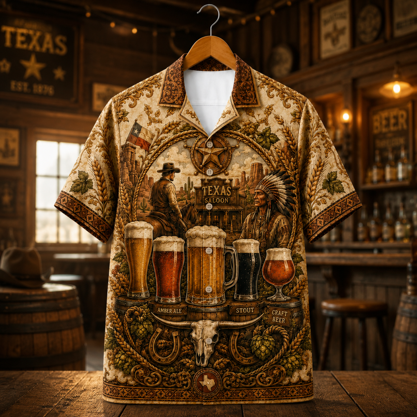HW-M355-Vintage Western Texas Saloon Craft Beer Print Satin Hawaiian Shirt Rustic Cowboy Top