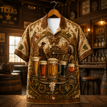 HW-M355-Vintage Western Texas Saloon Craft Beer Print Satin Hawaiian Shirt Rustic Cowboy Top