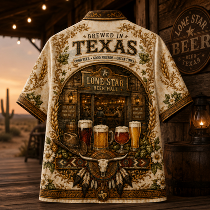 HW-M355-Vintage Western Texas Saloon Craft Beer Print Satin Hawaiian Shirt Rustic Cowboy Top