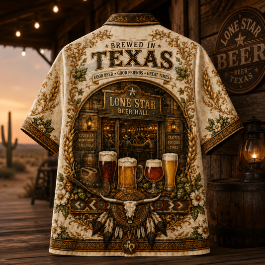 HW-M355-Vintage Western Texas Saloon Craft Beer Print Satin Hawaiian Shirt Rustic Cowboy Top