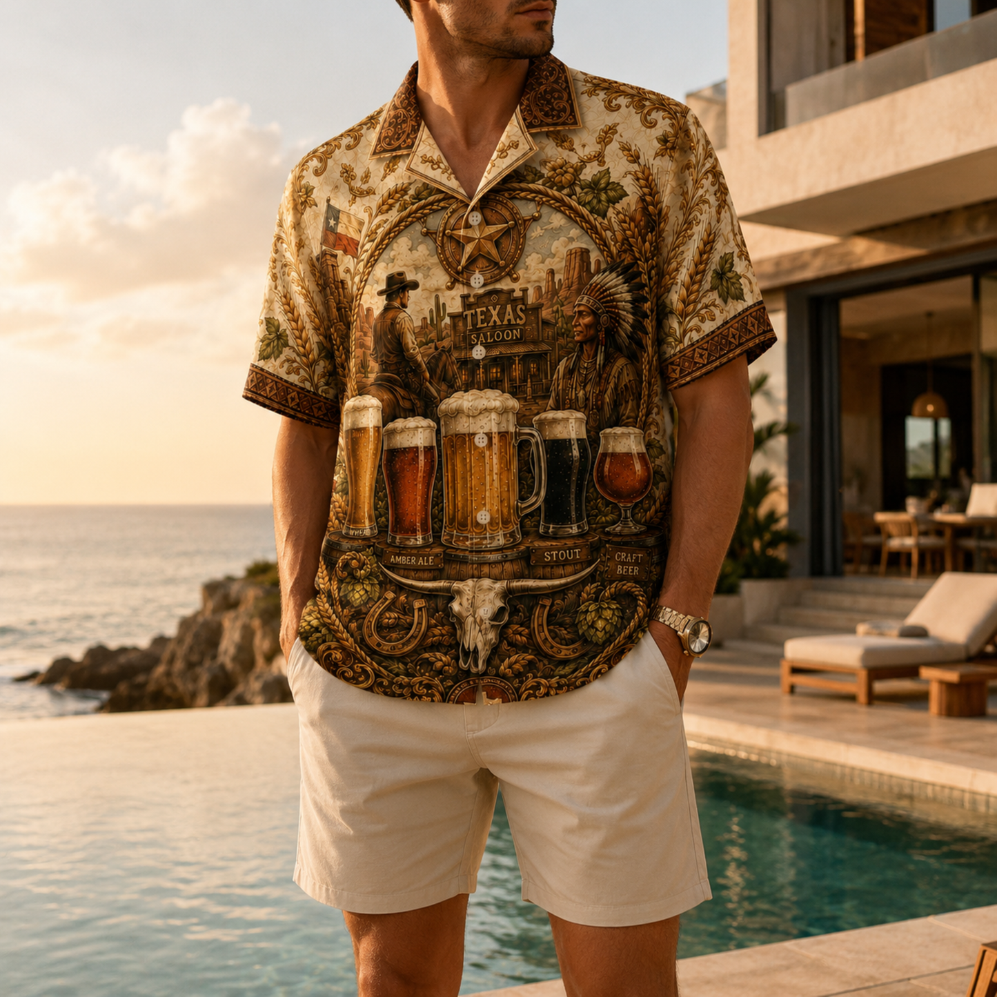 HW-M355-Vintage Western Texas Saloon Craft Beer Print Satin Hawaiian Shirt Rustic Cowboy Top