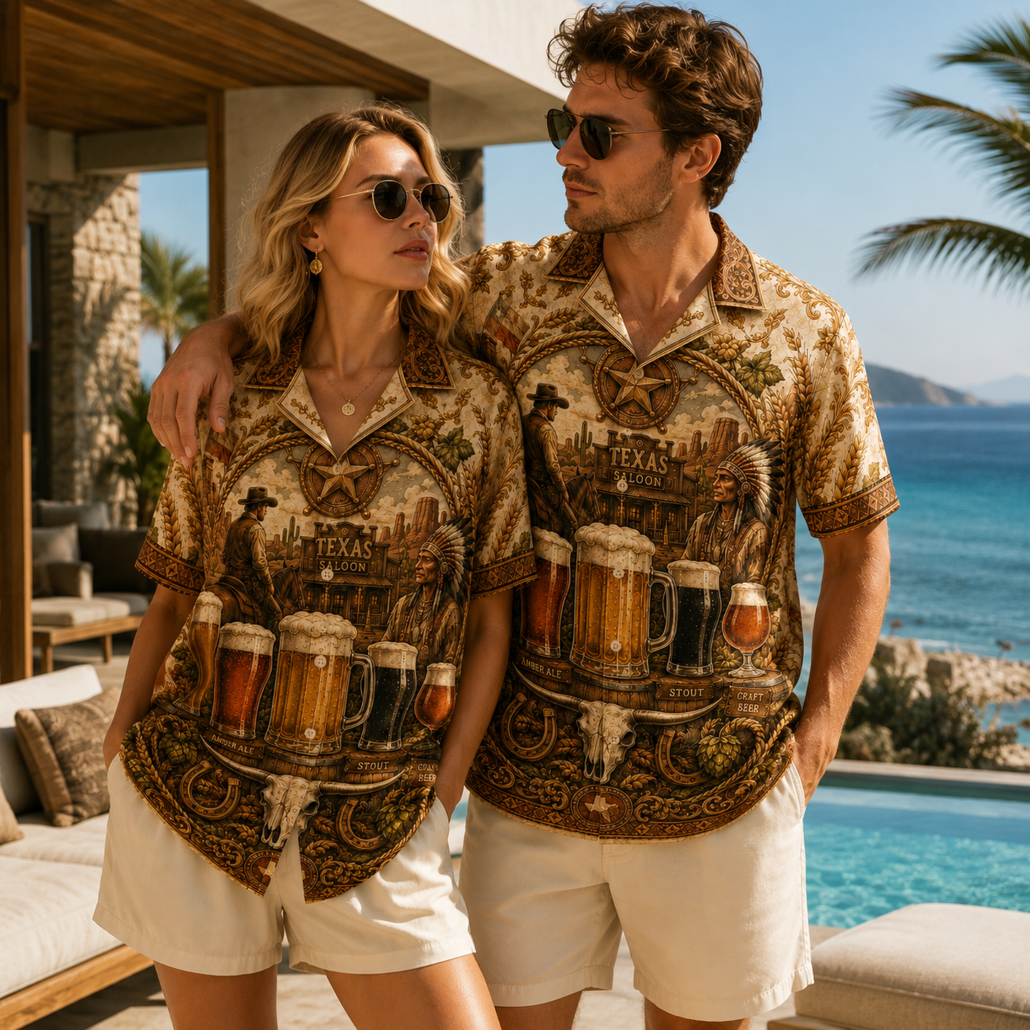HW-M355-Vintage Western Texas Saloon Craft Beer Print Satin Hawaiian Shirt Rustic Cowboy Top