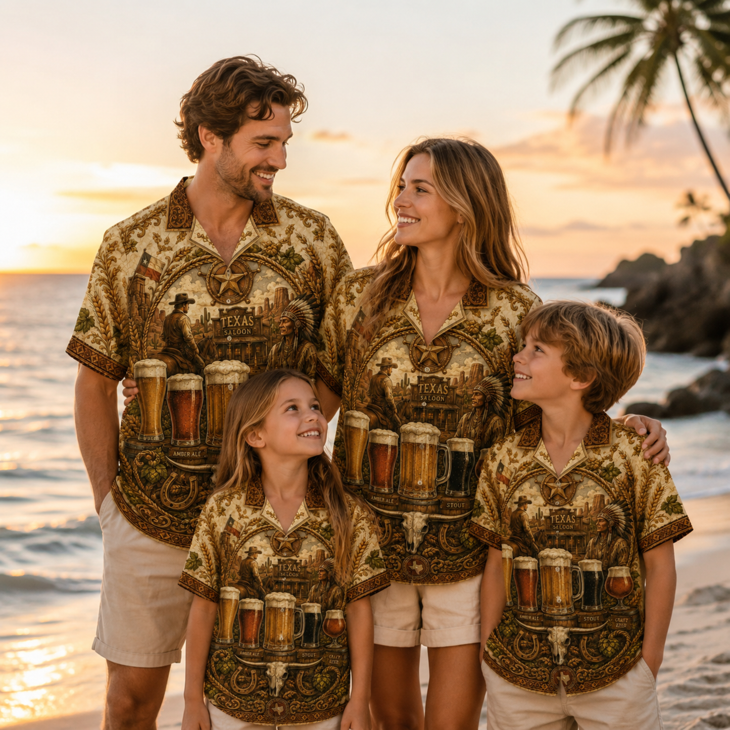 HW-M355-Vintage Western Texas Saloon Craft Beer Print Satin Hawaiian Shirt Rustic Cowboy Top