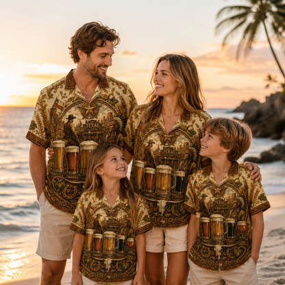 HW-M355-Vintage Western Texas Saloon Craft Beer Print Satin Hawaiian Shirt Rustic Cowboy Top